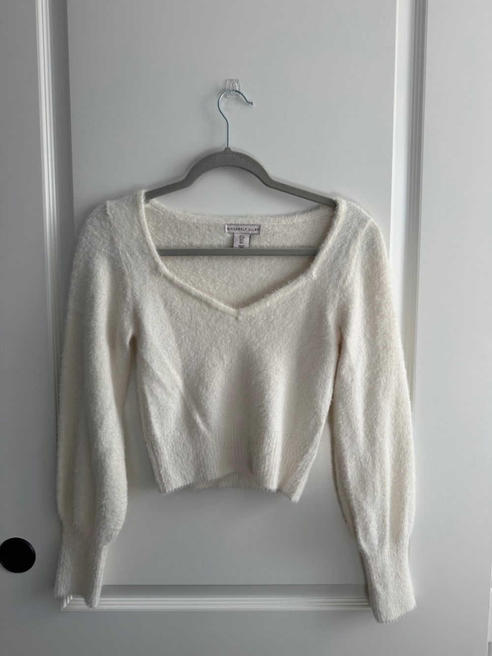 Cream V-Neck Fuzzy Pullover Sweater